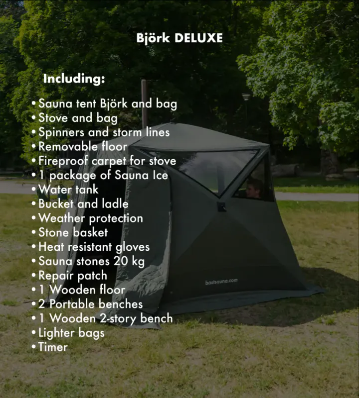 Bjørk Deluxe + frost Icebath - Badstu Telt med alt du behøver